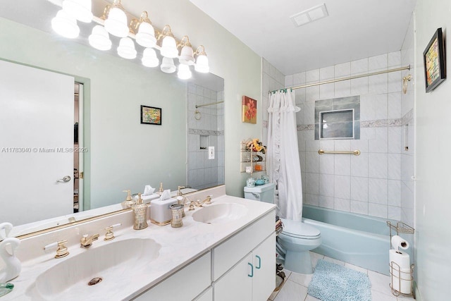 18201 SW 87th Ave, Palmetto Bay, FL 33157 - bathroom featuring toilet, shower / tub combo, tile patterned floors, and double vanity