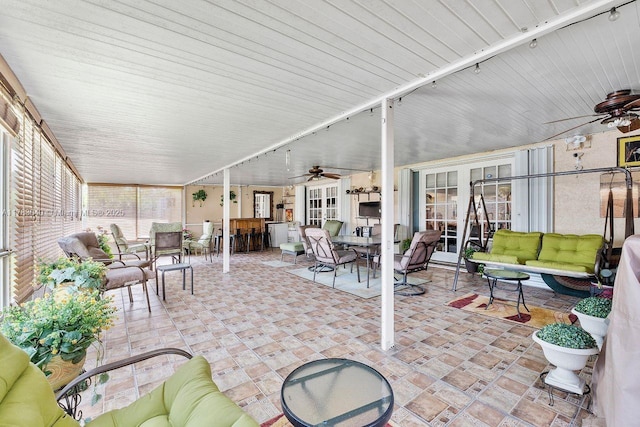 18201 SW 87th Ave, Palmetto Bay, FL 33157 - sunroom with a ceiling fan, rail lighting, outdoor lounge area, and french doors