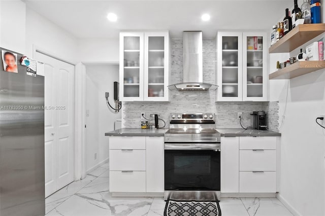 5117 Washington St, Hollywood, FL 33021 - kitchen with modern cabinets, wall chimney range hood, white cabinetry, stainless steel appliances, and marble finish floor