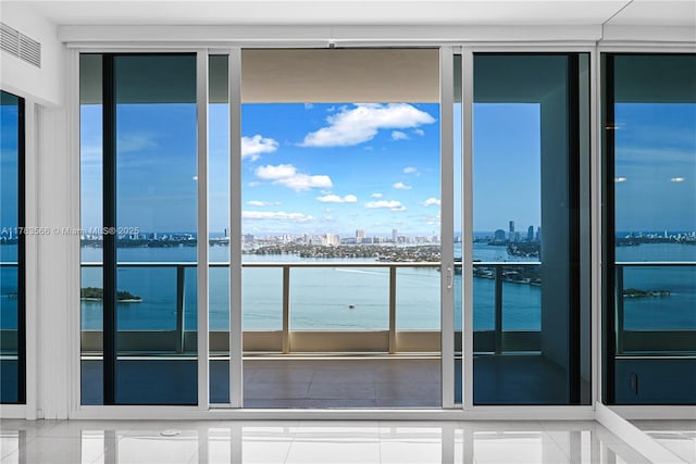interior space with a city view