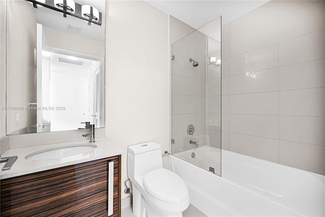 full bathroom with toilet, shower / bath combination, vanity, and visible vents