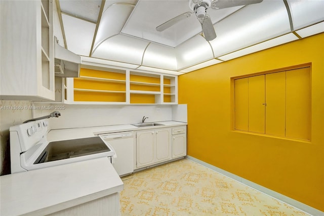 1401 S Ocean Dr Unit 902, Hollywood, FL 33019 - kitchen featuring white appliances, open shelves, a sink, light countertops, and a ceiling fan