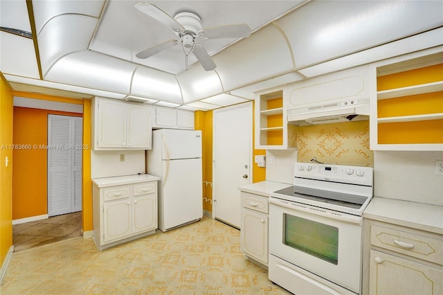 1401 S Ocean Dr Unit 902, Hollywood, FL 33019 - kitchen featuring white appliances, under cabinet range hood, open shelves, a ceiling fan, and light countertops