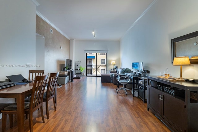 home office with crown molding, dark wood-style floors, and visible vents