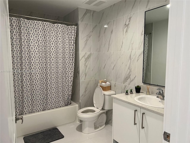 10950 NW 82nd St Unit 420, Doral, FL 33178 - bathroom featuring vanity, toilet, visible vents, shower / bath combo with shower curtain, and tile walls