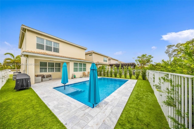 1705 Trailhead Ter, Hollywood, FL 33021 - view of swimming pool featuring a fenced backyard, a fenced in pool, a patio area, and a lawn