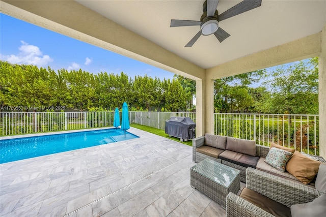 1705 Trailhead Ter, Hollywood, FL 33021 - view of pool featuring a grill, a patio area, a ceiling fan, a fenced backyard, and an outdoor living space