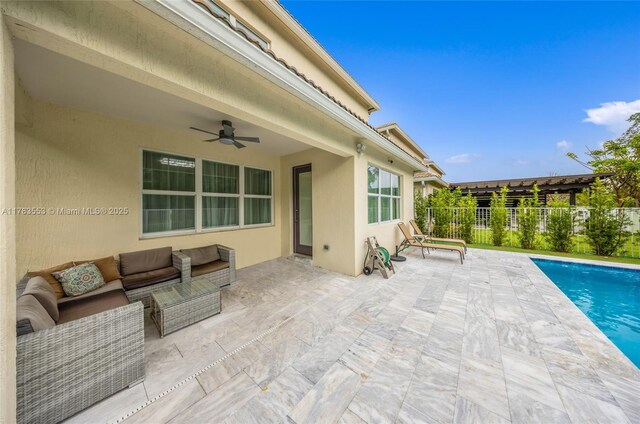 1705 Trailhead Ter, Hollywood, FL 33021 - view of patio with outdoor lounge area, fence, ceiling fan, and a fenced in pool
