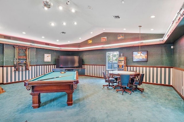 rec room with carpet flooring, wallpapered walls, lofted ceiling, and visible vents