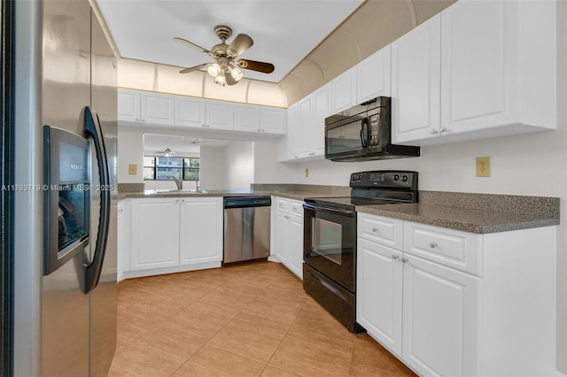10400 NW 30th Ct Unit 203, Sunrise, FL 33322 - kitchen with a ceiling fan, dark countertops, white cabinetry, and black appliances