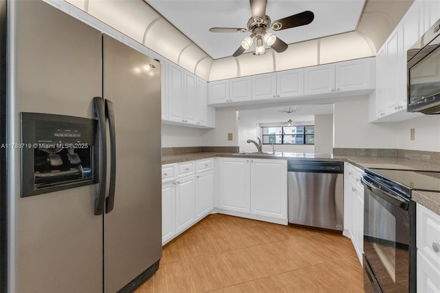 10400 NW 30th Ct Unit 203, Sunrise, FL 33322 - kitchen featuring ceiling fan, appliances with stainless steel finishes, white cabinetry, a sink, and light tile patterned flooring