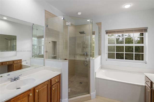 922 NW 127th Ave, Coral Springs, FL 33071 - full bathroom with vanity, a shower stall, a bath, recessed lighting, and tile patterned flooring
