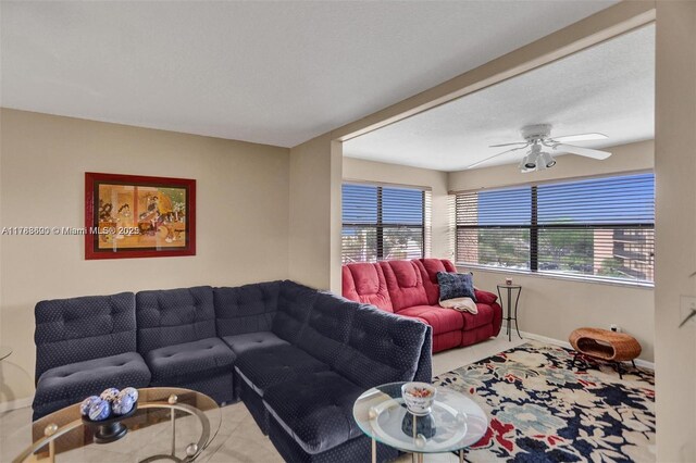 10451 Sunrise Lakes Blvd Unit 401, Sunrise, FL 33322 - carpeted living area featuring baseboards and ceiling fan