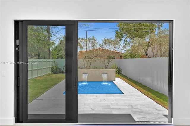 view of pool with a fenced backyard, a fenced in pool, and a patio area
