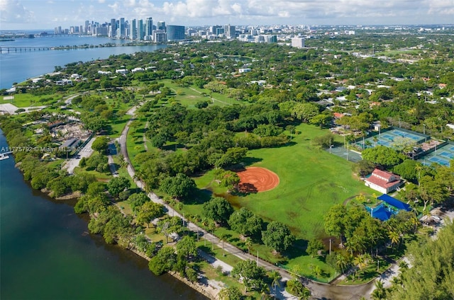 bird's eye view featuring a water view and a city view