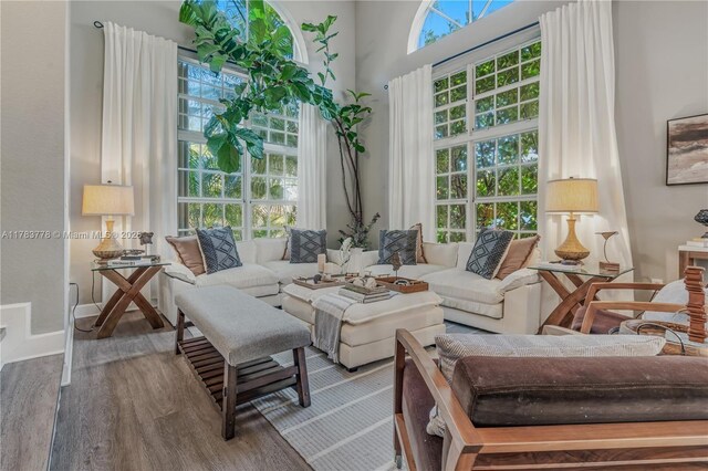 sitting room with a towering ceiling, baseboards, wood finished floors, and a wealth of natural light