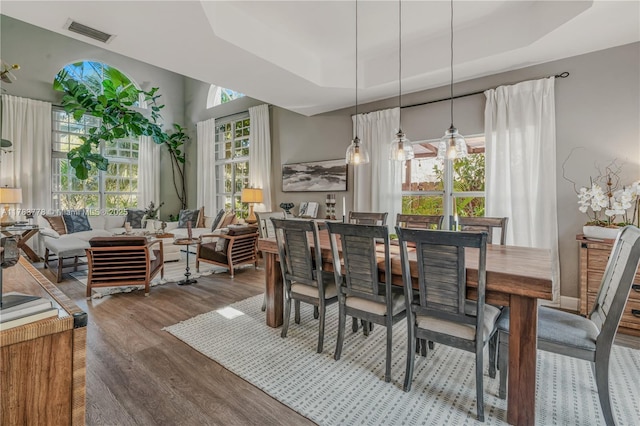 dining area featuring wood finished floors, visible vents, and a raised ceiling