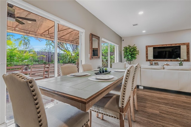 dining room with visible vents, wood finished floors, recessed lighting, and ceiling fan