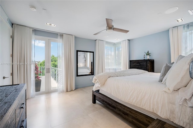bedroom with french doors, access to exterior, and ceiling fan