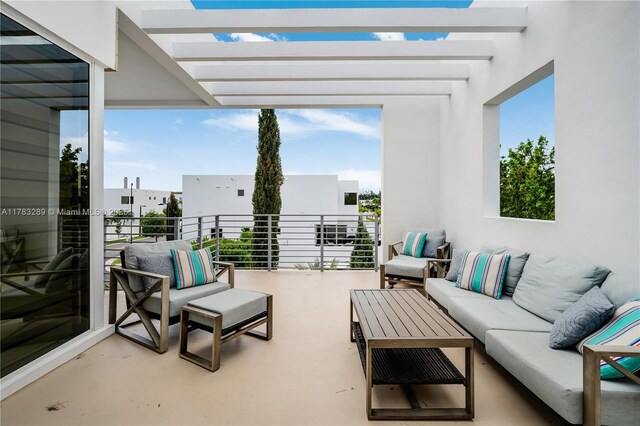 view of patio / terrace with an outdoor hangout area, a pergola, and a balcony