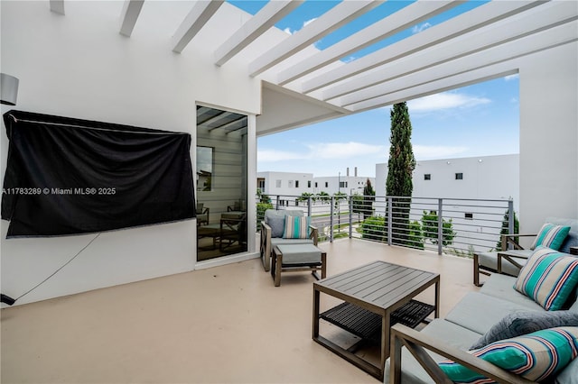 exterior space with outdoor lounge area, a pergola, and a balcony