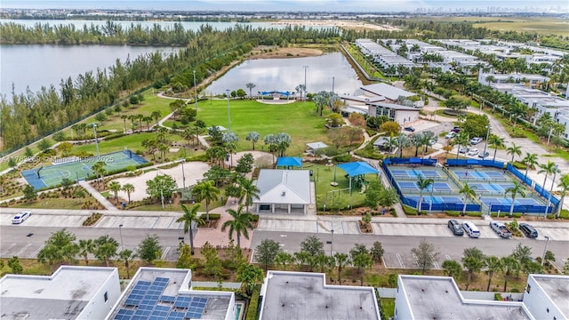 drone / aerial view with a water view