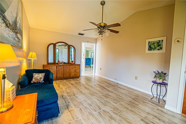 17411 NW 62nd Ct, Hialeah, FL 33015 - sitting room with baseboards, vaulted ceiling, light wood-style flooring, visible vents, and ceiling fan