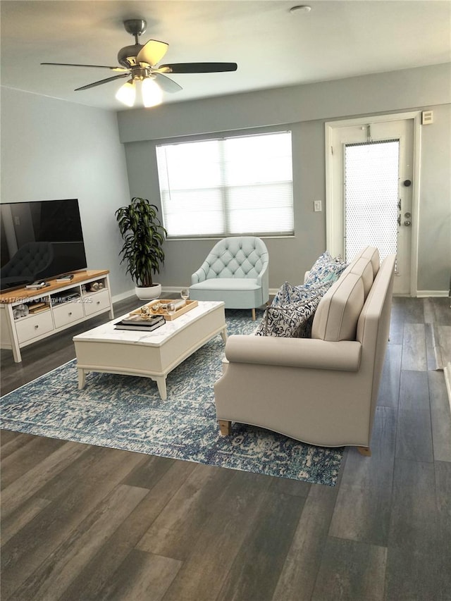 285 Fanshaw G 285G, Boca Raton, FL 33434 - living area featuring baseboards, a ceiling fan, and dark wood finished floors