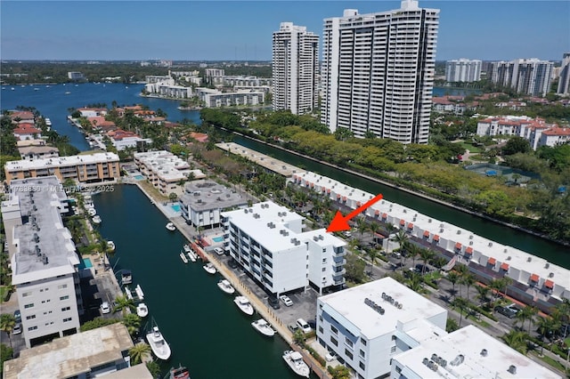 drone / aerial view with a city view and a water view