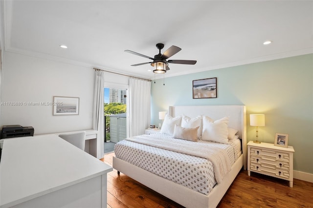 bedroom featuring recessed lighting, access to exterior, ornamental molding, and wood finished floors