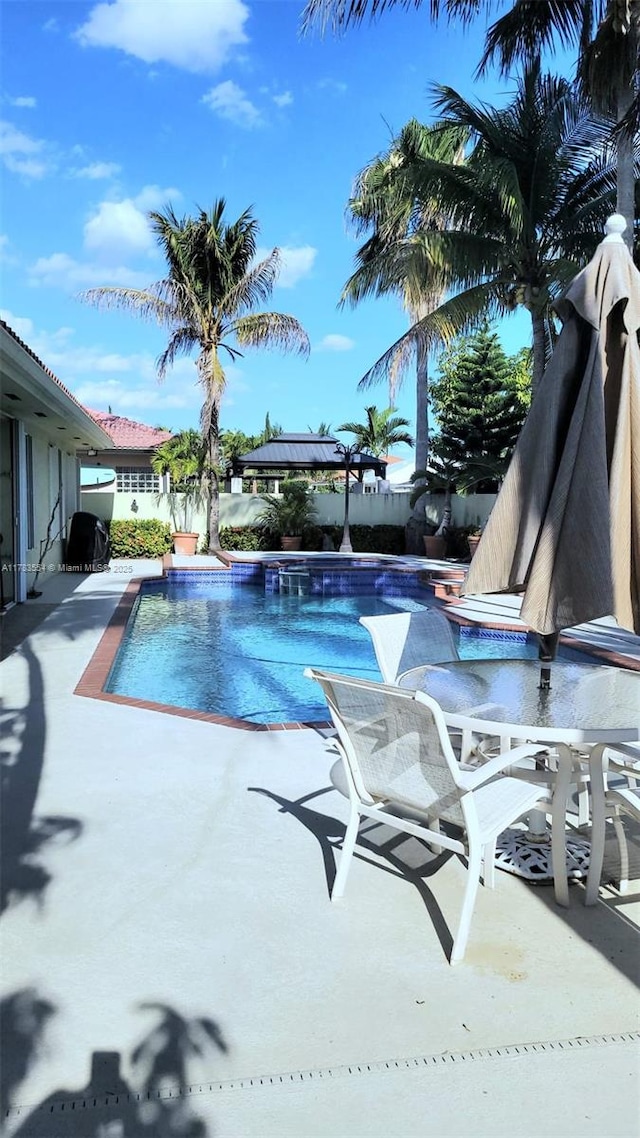 view of swimming pool featuring a patio area, a fenced in pool, and fence