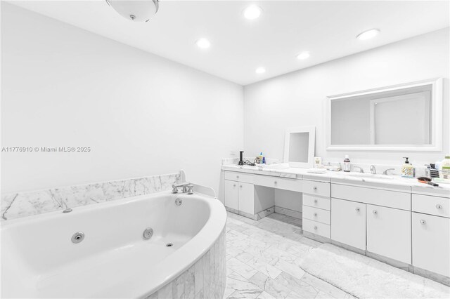 19667 Turnberry Way Unit 3F, Aventura, FL 33180 - full bathroom featuring double vanity, a jetted tub, marble look tile flooring, and recessed lighting