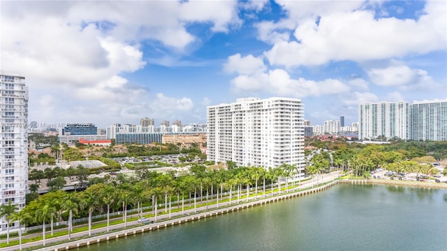 drone / aerial view featuring a water view and a city view