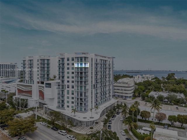 view of building exterior featuring a water view