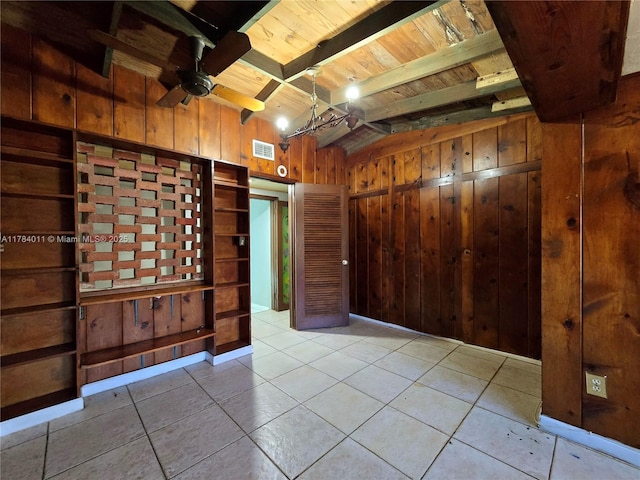 6208 SW 26th St, Miramar, FL 33023 - spare room with wooden ceiling, wooden walls, tile patterned floors, and a ceiling fan