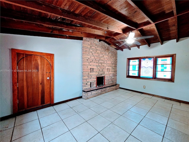 6208 SW 26th St, Miramar, FL 33023 - unfurnished living room featuring wooden ceiling, a ceiling fan, a fireplace, and light tile patterned floors