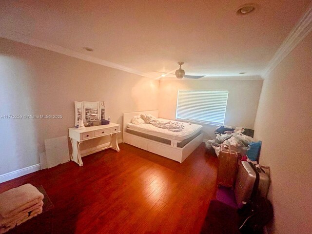 470 N Laurel Dr Unit 6A, Margate, FL 33063 - bedroom with ornamental molding, wood finished floors, ceiling fan, and baseboards