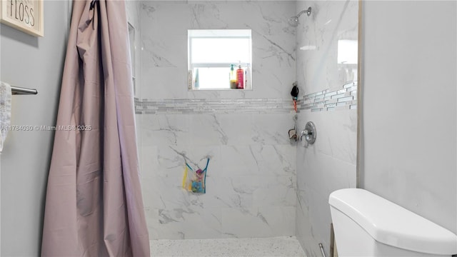 bathroom with toilet and a stall shower