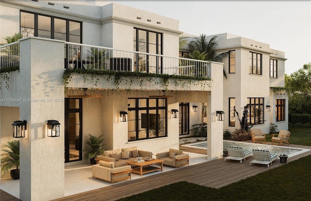 1259 NE 97th St, Miami Shores, FL 33138 - rear view of house featuring a balcony, an outdoor living space, a patio area, and stucco siding