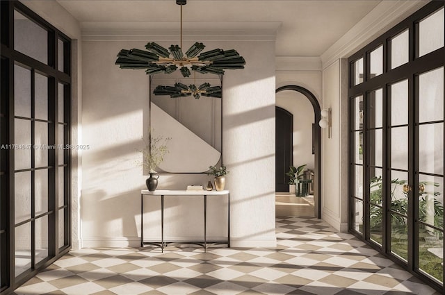 1259 NE 97th St, Miami Shores, FL 33138 - corridor with tile patterned floors, arched walkways, and crown molding