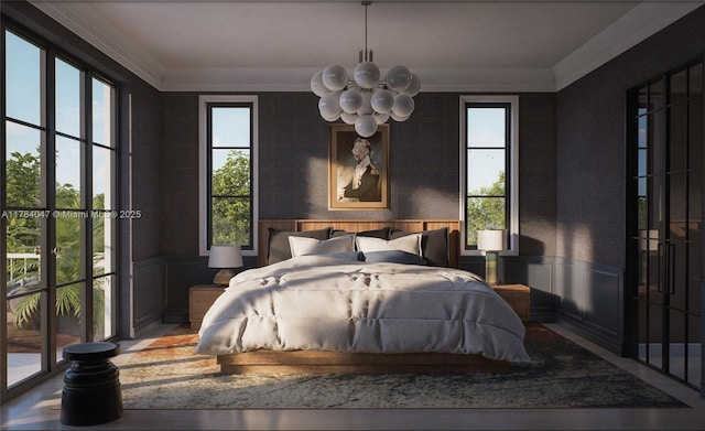 1259 NE 97th St, Miami Shores, FL 33138 - bedroom with ornamental molding, a chandelier, and a decorative wall