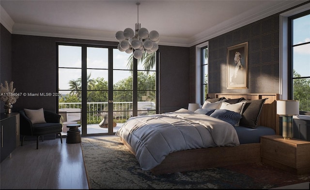 1259 NE 97th St, Miami Shores, FL 33138 - bedroom with a chandelier, access to exterior, ornamental molding, and wood finished floors