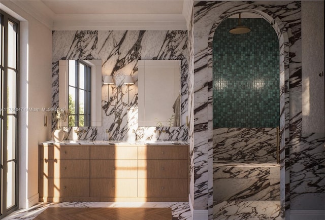 1259 NE 97th St, Miami Shores, FL 33138 - full bathroom featuring a marble finish shower, vanity, and crown molding