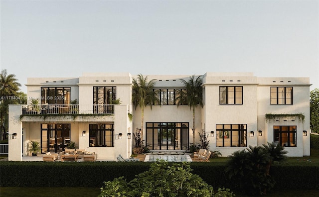 1259 NE 97th St, Miami Shores, FL 33138 - rear view of property featuring an outdoor hangout area, a balcony, a patio area, and stucco siding