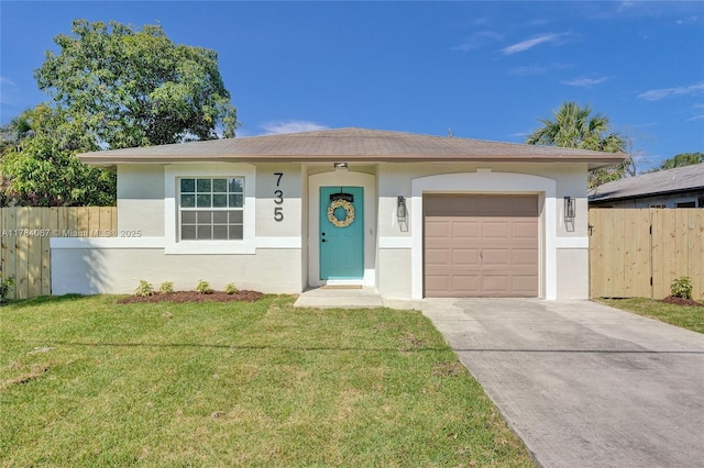 single story home featuring a front yard, fence, driveway, and stucco siding