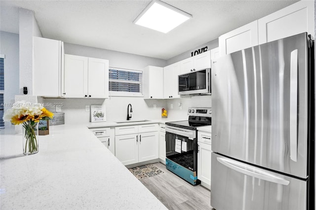 kitchen with light wood-style flooring, light countertops, a sink, and appliances with stainless steel finishes