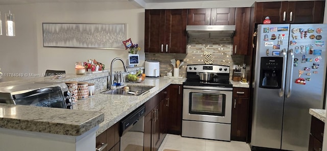 431 SE 3rd St Unit 205, Dania Beach, FL 33004 - kitchen with a peninsula, backsplash, under cabinet range hood, appliances with stainless steel finishes, and a sink