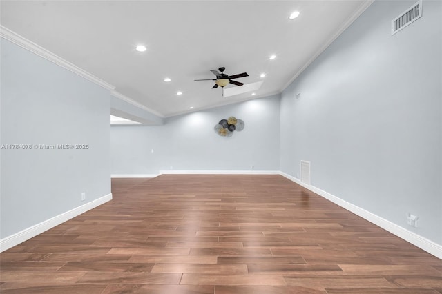 4991 NW 72nd Ter, Lauderhill, FL 33319 - spare room featuring crown molding, a ceiling fan, recessed lighting, wood finished floors, and visible vents