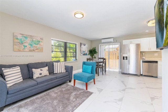 3313 SE 3rd St, Pompano Beach, FL 33062 - living room with a wall mounted air conditioner, light marble finish flooring, baseboards, and recessed lighting