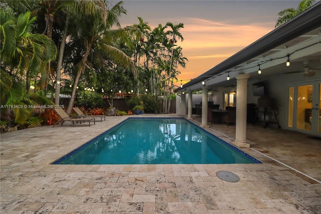 8435 SW 157th St, Palmetto Bay, FL 33157 - view of pool featuring a patio area, fence, a ceiling fan, and a fenced in pool